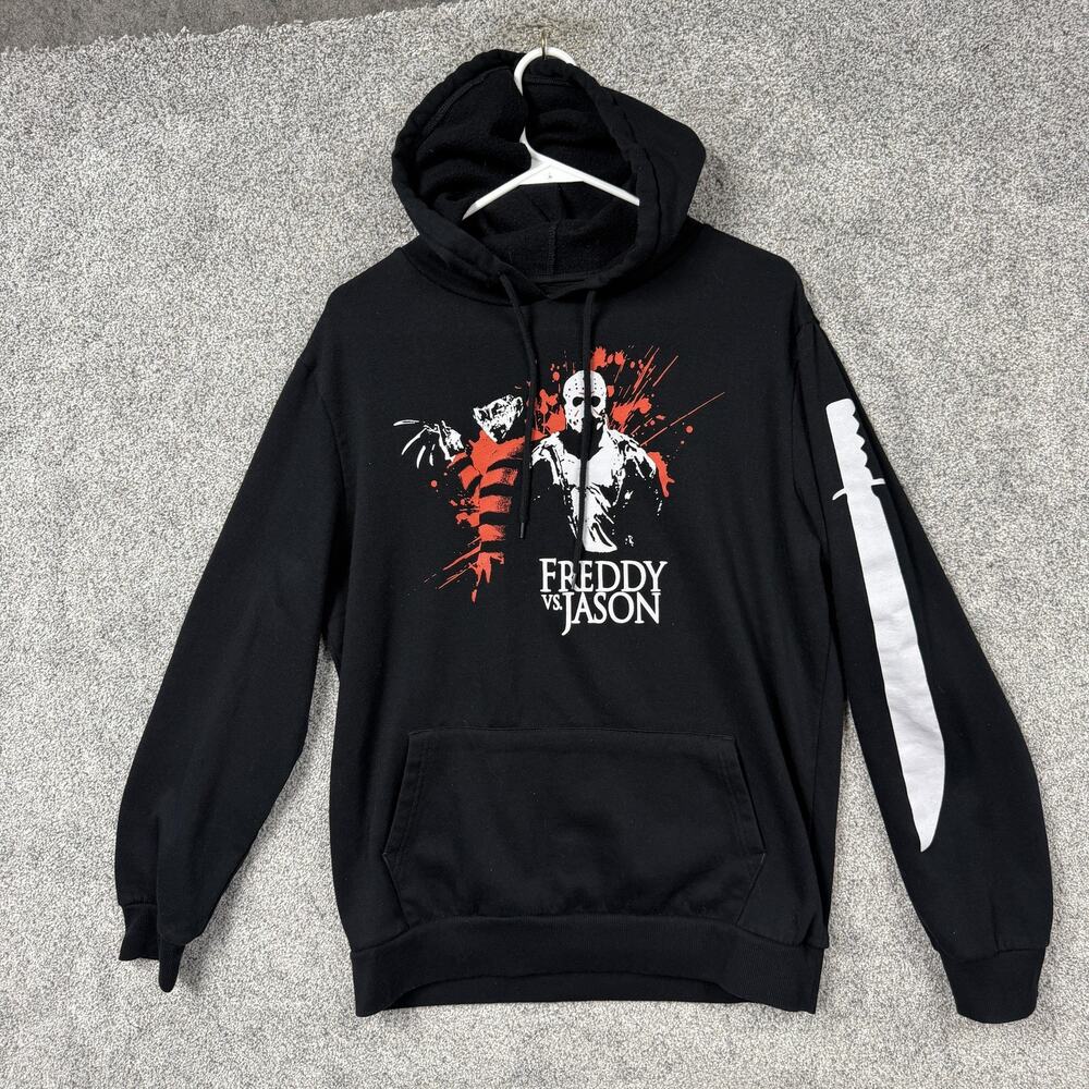Freddy Vs Jason Hoodie Mens L Black Fleece Horror Graphic Knife Sleeve Pullover